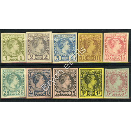 1885 Monaco Poste N°1/10 Non Dentelé sur Bristol Charles III Neuf sans gomme d'Origine (x)